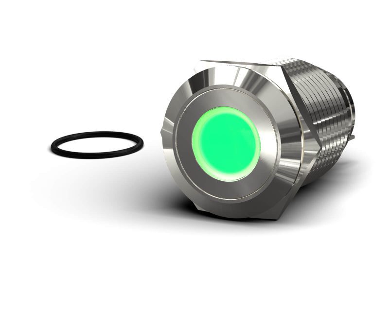 PrimoChill Silver Aluminum Latching Vandal Resistant Switch - 22mm - PrimoChill - KEEPING IT COOL Green LED Dot